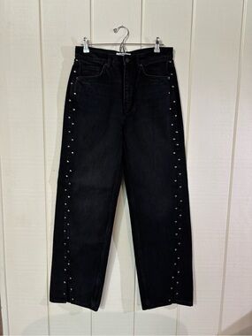 Reformation Cary High-Rise Slouchy Studded Wide Leg Jeans in Black Size 28